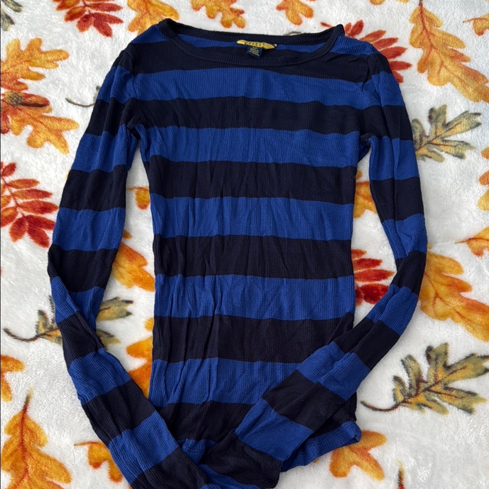 Express Blue and Black Striped Long Sleeve Top